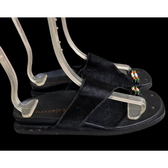 Naked Feet Sandals Flats 8.5 Beaded Toe Loop Black Leather Nubuck Square… - Picture 6 of 13